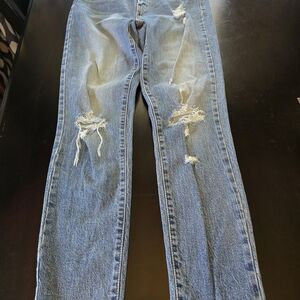 Oasis by Eunina Distressed Straight Blue Stretch Denim Jeans